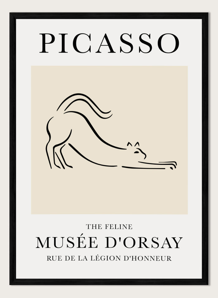 Featuring Pablo Picasso's Artwork The Feline (Esquisse D'un Félin), this signed serigraph wall art print showcases a feline (cat) sketch outline line drawing against colorful background. Featuring abstract one line art, this vintage exhibition poster from Musée d'Orsay is perfect for any boho, retro, minimalist space.