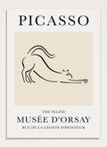 Featuring Pablo Picasso's Artwork The Feline (Esquisse D'un Félin), this signed serigraph wall art print showcases a feline (cat) sketch outline line drawing against colorful background. Featuring abstract one line art, this vintage exhibition poster from Musée d'Orsay is perfect for any boho, retro, minimalist space.