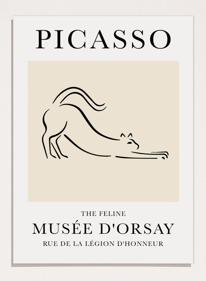 Featuring Pablo Picasso's Artwork The Feline (Esquisse D'un Félin), this signed serigraph wall art print showcases a feline (cat) sketch outline line drawing against colorful background. Featuring abstract one line art, this vintage exhibition poster from Musée d'Orsay is perfect for any boho, retro, minimalist space.