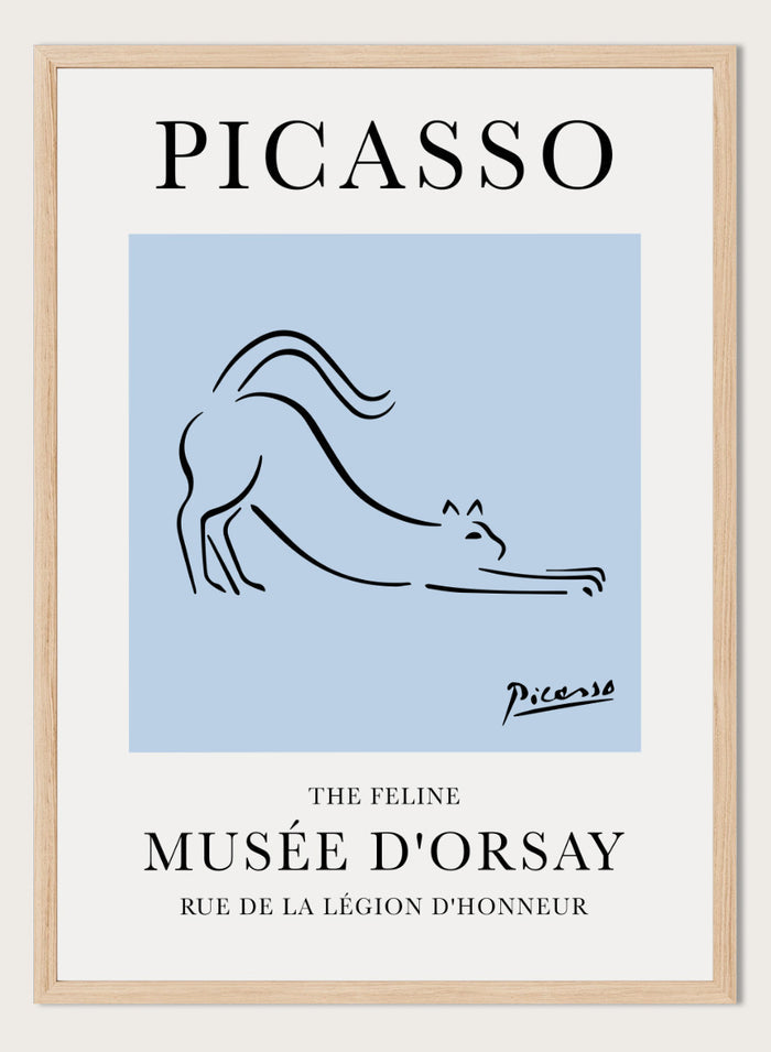 Featuring Pablo Picasso's Artwork The Feline (Esquisse D'un Félin), this signed serigraph wall art print showcases a feline (cat) sketch outline line drawing against colorful background. Featuring abstract one line art, this vintage exhibition poster from Musée d'Orsay is perfect for any boho, retro, minimalist space.