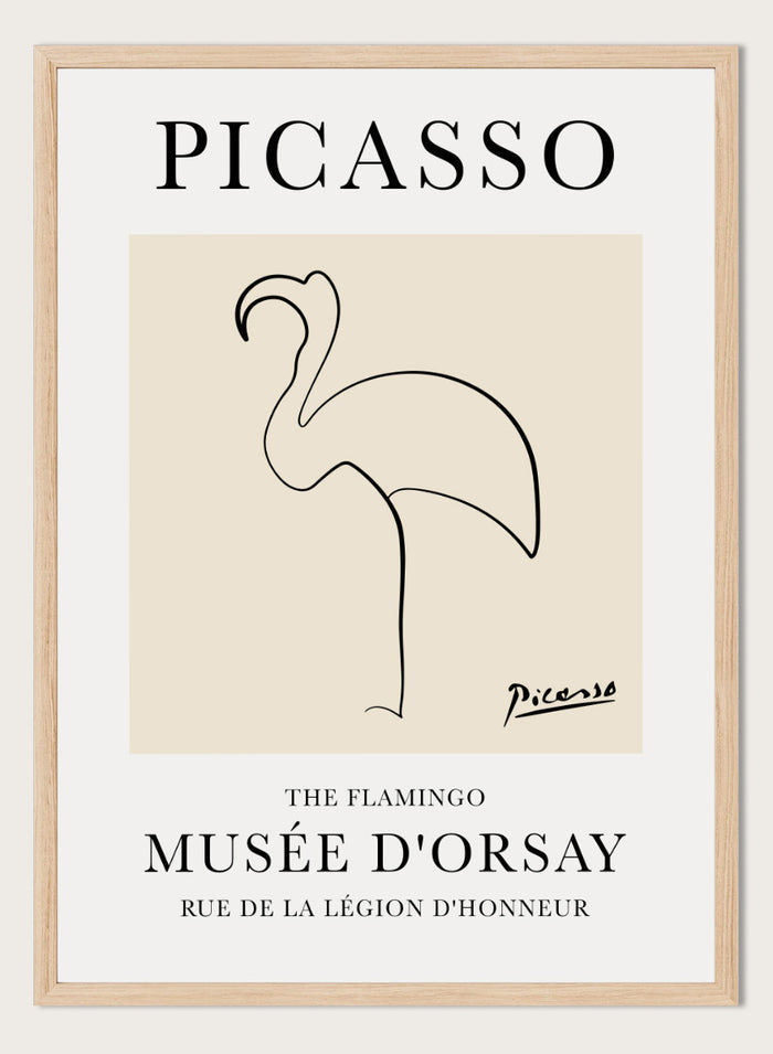 Featuring Pablo Picasso's Artwork The Flamingo (Esquisse D'une Flamand), this signed serigraph wall art print showcases outline of a flamingo sketch line drawing against colorful background. Featuring abstract one line art, this vintage exhibition poster from Musée d'Orsay is perfect for any boho, retro, minimalist space.