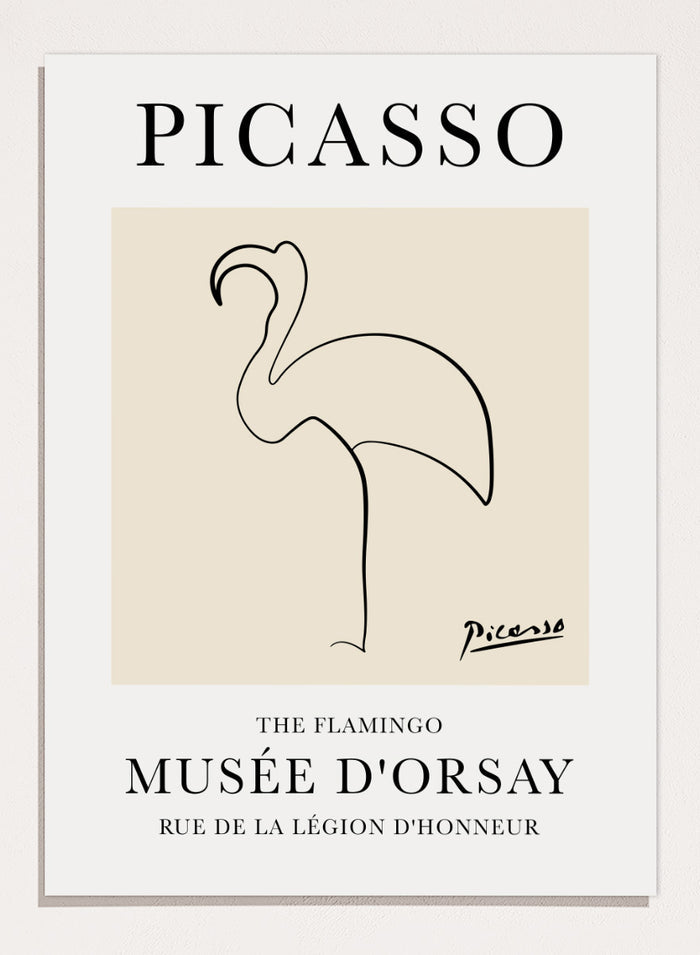 Featuring Pablo Picasso's Artwork The Flamingo (Esquisse D'une Flamand), this signed serigraph wall art print showcases outline of a flamingo sketch line drawing against colorful background. Featuring abstract one line art, this vintage exhibition poster from Musée d'Orsay is perfect for any boho, retro, minimalist space.