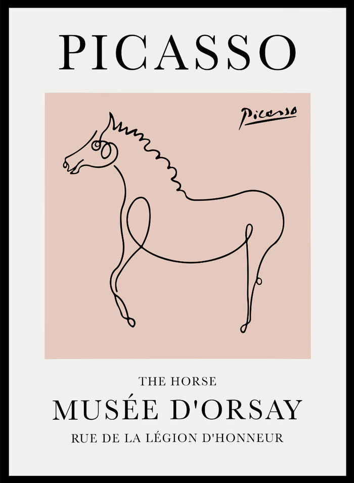 Featuring Pablo Picasso's Artwork The Horse (Esquisse D'un Cheval), this signed serigraph wall art print showcases outline of a horse sketch line drawing against colorful background. Featuring abstract one line art, this vintage exhibition poster from Musée d'Orsay is perfect for any boho, retro, minimalist space.