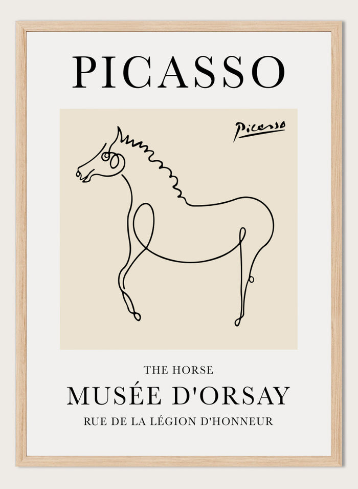 Featuring Pablo Picasso's Artwork The Horse (Esquisse D'un Cheval), this signed serigraph wall art print showcases outline of a horse sketch line drawing against colorful background. Featuring abstract one line art, this vintage exhibition poster from Musée d'Orsay is perfect for any boho, retro, minimalist space.