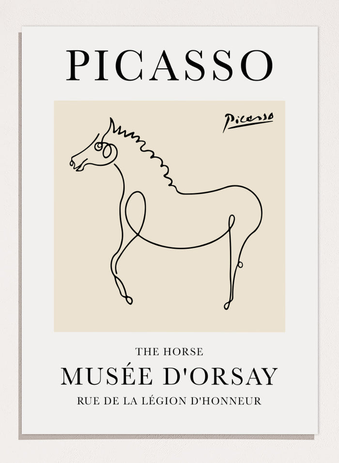Featuring Pablo Picasso's Artwork The Horse (Esquisse D'un Cheval), this signed serigraph wall art print showcases outline of a horse sketch line drawing against colorful background. Featuring abstract one line art, this vintage exhibition poster from Musée d'Orsay is perfect for any boho, retro, minimalist space.