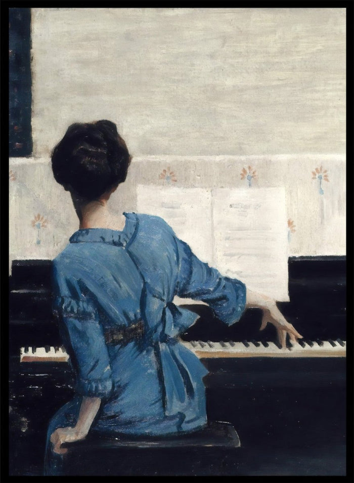 The Keynote by William Merritt Chase is a vintage piano print of a woman in a blue robe playing piano, a music room scene in soft blue tones.