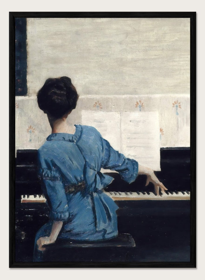 The Keynote by William Merritt Chase is a vintage piano print of a woman in a blue robe playing piano, a music room scene in soft blue tones.