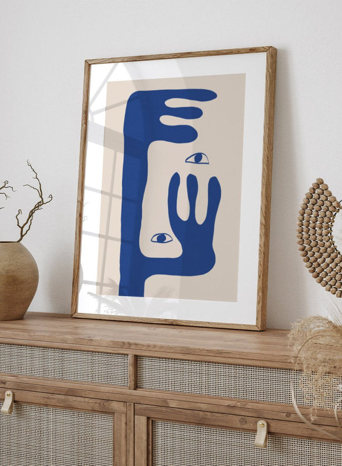 Abstract face art print by The MIUUS Studio featuring bold blue shapes and minimalist design. Contemporary modern wall art poster with graphic abstract portrait.