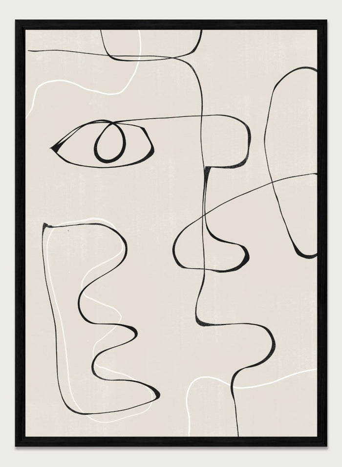 Abstract line art of a face on a beige background. Abstract Facescape by The MIUUS Studio is a minimalist abstract line art print and wall poster featuring continuous line drawing, modern face illustration, and neutral tones.