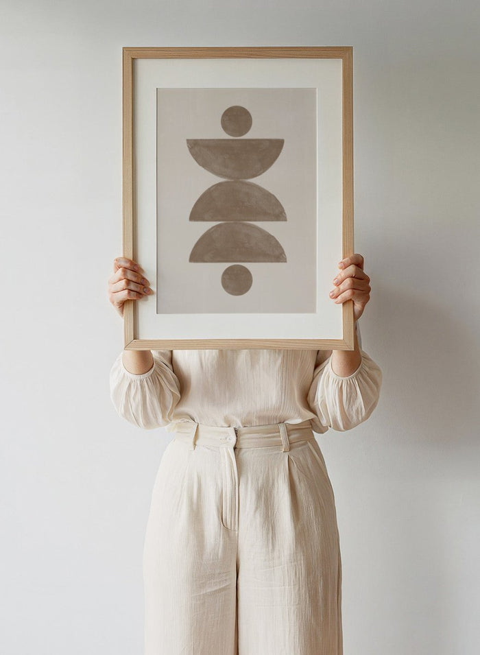 Minimal geometric art print by The MIUUS Studio featuring abstract shapes in warm neutral tones. Modern minimalist wall art poster with balanced geometric design.