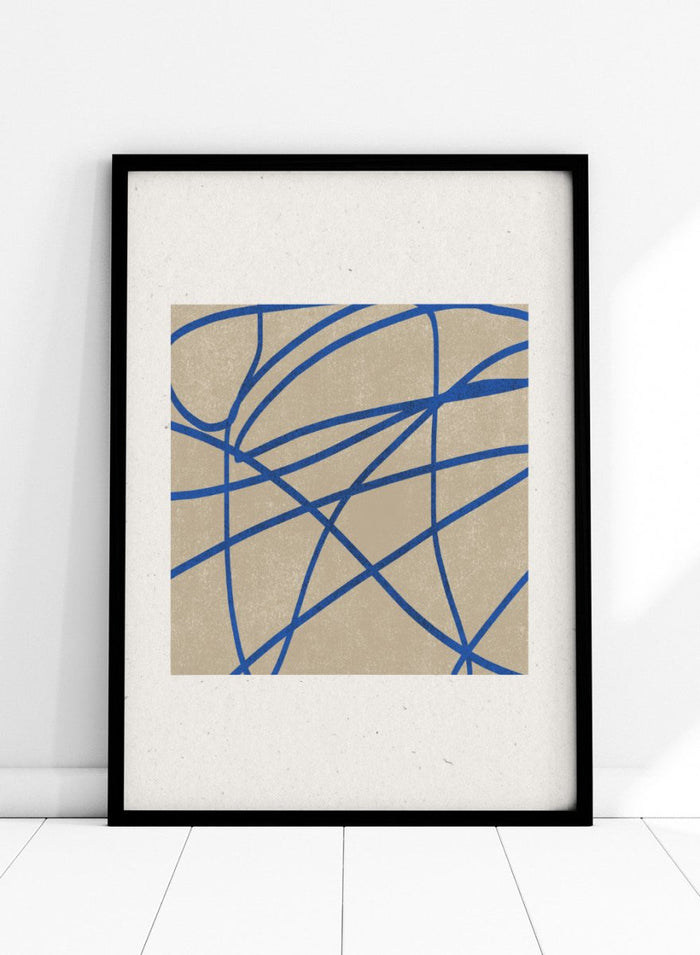 Abstract blue line art print by The MIUUS Studio. Modern minimalist wall art poster with bold blue lines, neutral tones, contemporary graphic abstract design.
