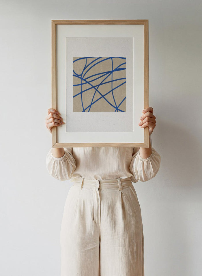 Abstract blue line art print by The MIUUS Studio. Modern minimalist wall art poster with bold blue lines, neutral tones, contemporary graphic abstract design.