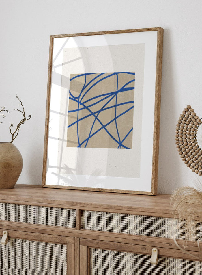 Abstract blue line art print by The MIUUS Studio. Modern minimalist wall art poster with bold blue lines, neutral tones, contemporary graphic abstract design.