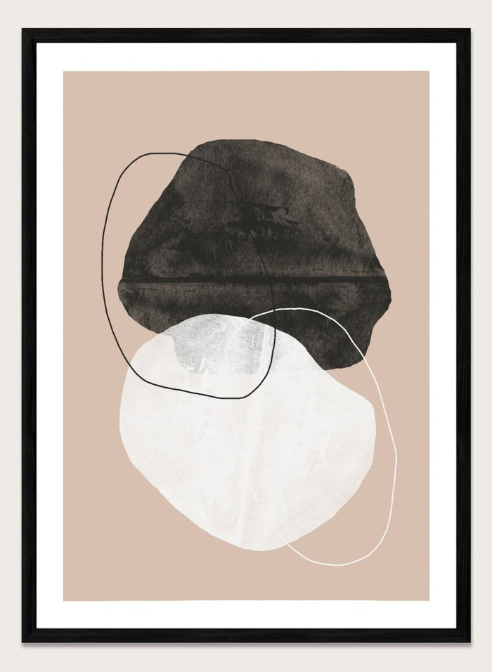 Abstract art piece with a black shape and white circle on a beige background. Earthy Abstractions by The MIUUS Studio is a minimalist abstract art print and wall poster featuring organic shapes, neutral tones, and modern textured design.