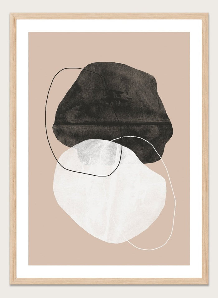 Abstract art piece with a black shape and white circle on a beige background. Earthy Abstractions by The MIUUS Studio is a minimalist abstract art print and wall poster featuring organic shapes, neutral tones, and modern textured design.