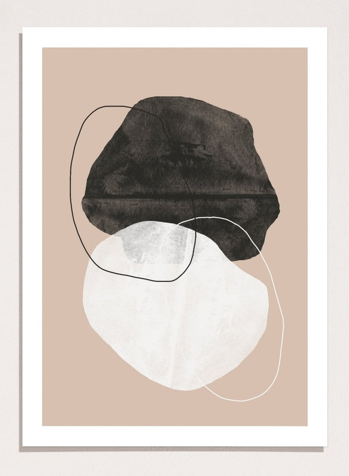 Abstract art piece with a black shape and white circle on a beige background. Earthy Abstractions by The MIUUS Studio is a minimalist abstract art print and wall poster featuring organic shapes, neutral tones, and modern textured design.