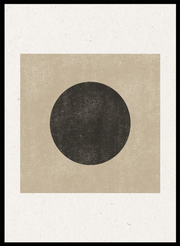 Black circle on beige background. Eclipse Silence by The MIUUS Studio is a minimalist abstract art print and wall poster featuring geometric shapes, neutral tones, and modern textured design.