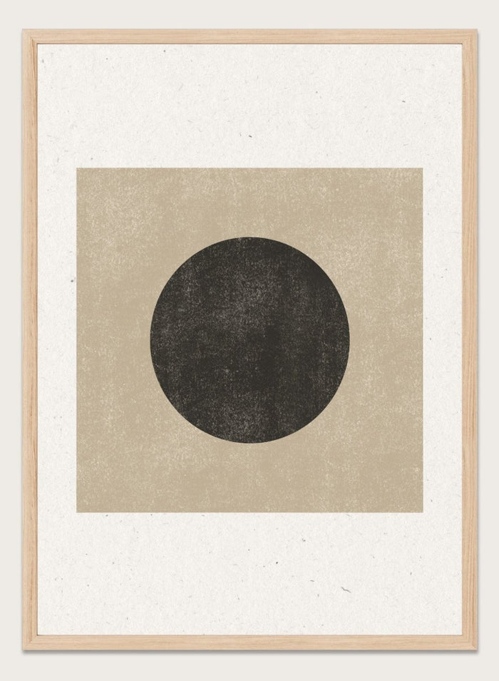 Black circle on beige background. Eclipse Silence by The MIUUS Studio is a minimalist abstract art print and wall poster featuring geometric shapes, neutral tones, and modern textured design.