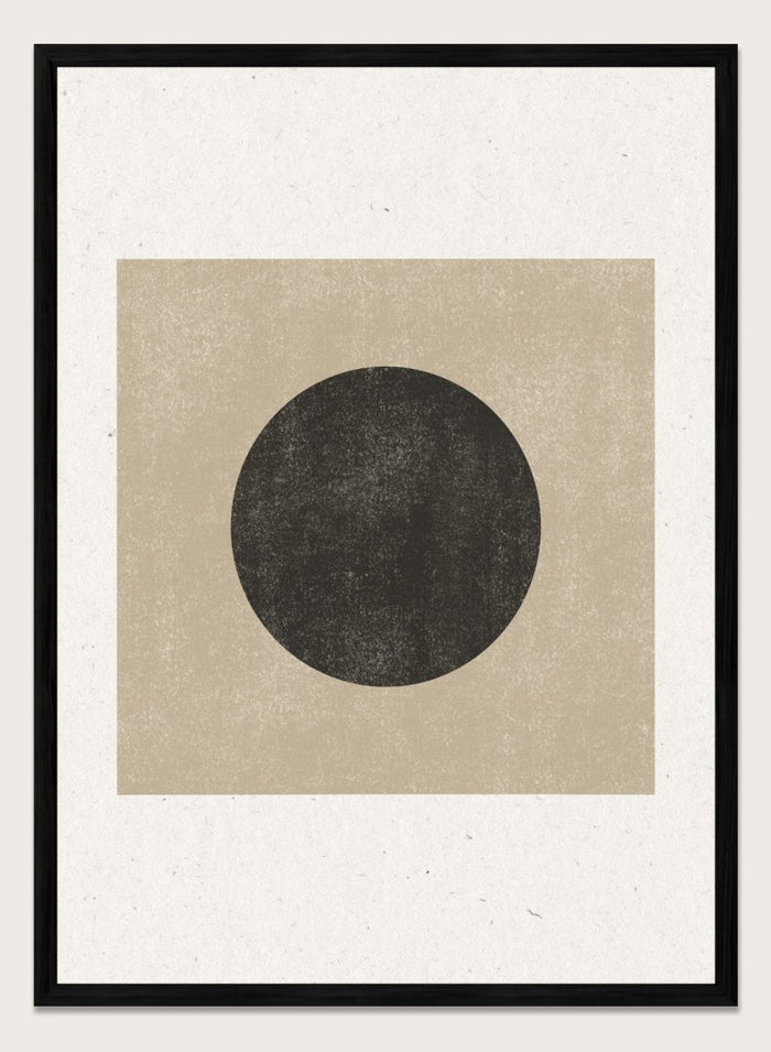 Black circle on beige background. Eclipse Silence by The MIUUS Studio is a minimalist abstract art print and wall poster featuring geometric shapes, neutral tones, and modern textured design.