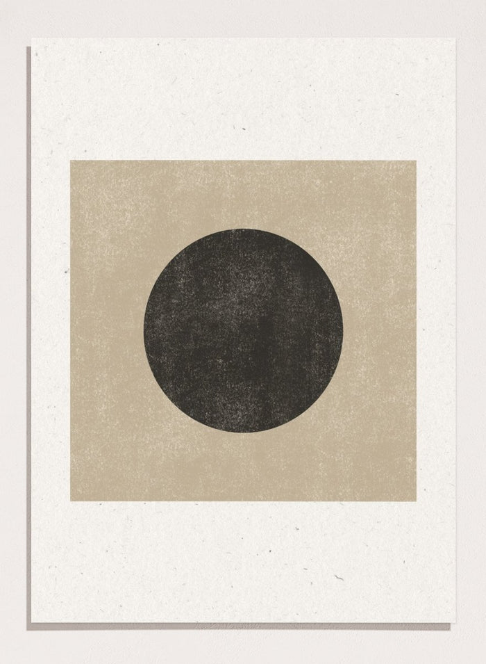 Black circle on beige background. Eclipse Silence by The MIUUS Studio is a minimalist abstract art print and wall poster featuring geometric shapes, neutral tones, and modern textured design.