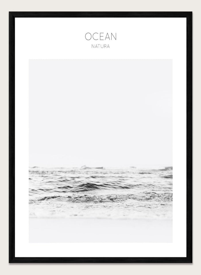Black and white ocean wave with 'OCEAN Natura' text at the top. Endless Waves by The MIUUS Studio is a minimalist ocean photography art print and wall poster featuring soft waves, neutral tones, and modern coastal design.