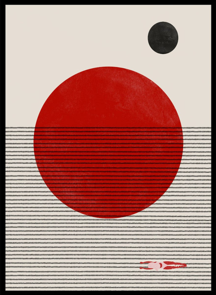 Minimalist abstract wall art print by The MIUUS Studio featuring bold red sun, line texture, and modern geometric design in calm neutral tones.