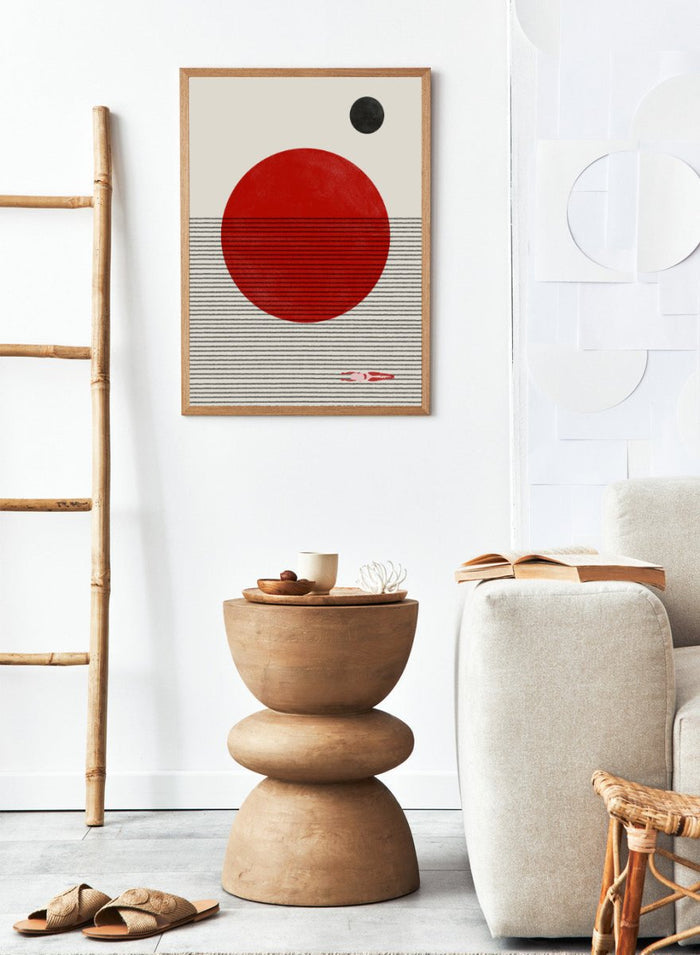 Minimalist abstract wall art print by The MIUUS Studio featuring bold red sun, line texture, and modern geometric design in calm neutral tones.