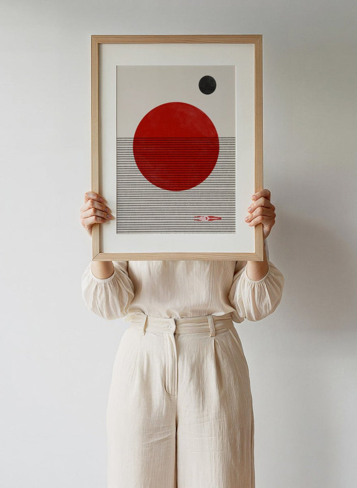 Minimalist abstract wall art print by The MIUUS Studio featuring bold red sun, line texture, and modern geometric design in calm neutral tones.
