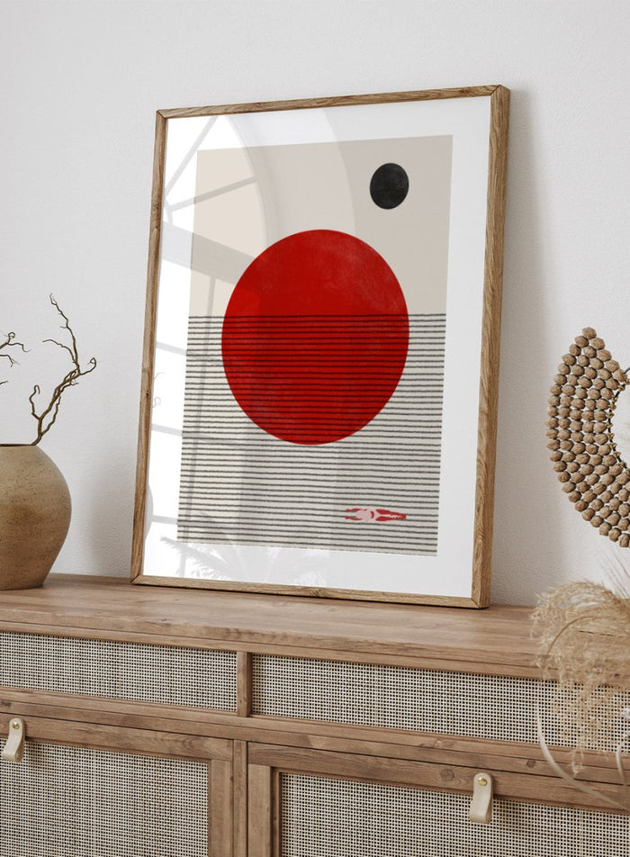 Minimalist abstract wall art print by The MIUUS Studio featuring bold red sun, line texture, and modern geometric design in calm neutral tones.