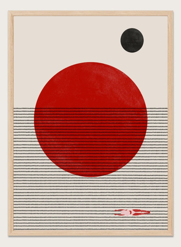 Abstract design with a red circle, black dot, and striped pattern on a beige background. Floating Horizons by The MIUUS Studio is a minimalist abstract art print and wall poster featuring geometric shapes, red sun, ocean lines, and swimmer detail.