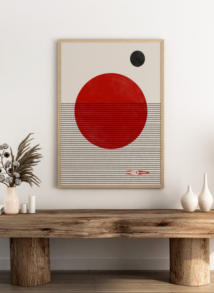 Minimalist abstract wall art print by The MIUUS Studio featuring bold red sun, line texture, and modern geometric design in calm neutral tones.