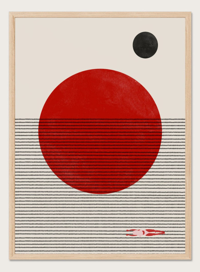 Minimalist abstract wall art print by The MIUUS Studio featuring bold red sun, line texture, and modern geometric design in calm neutral tones.