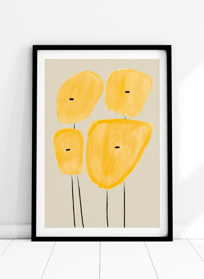 Abstract yellow plant art print by The MIUUS Studio. Minimalist modern wall art poster featuring geometric shapes, soft textures, and contemporary design.