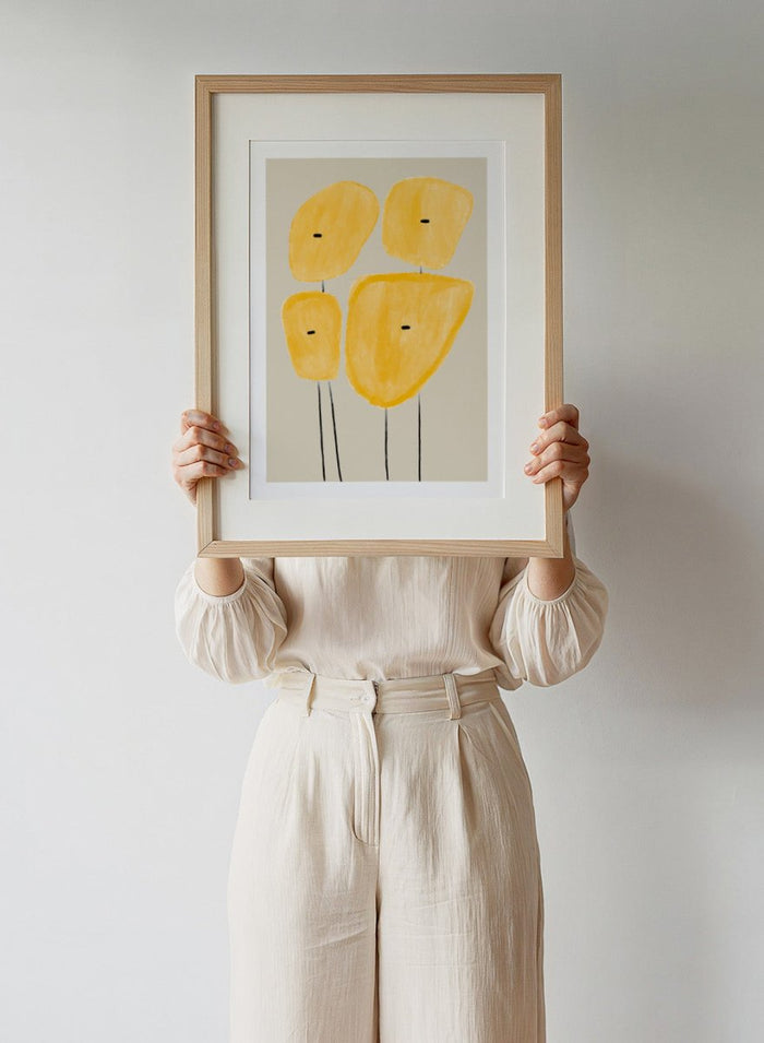 Abstract yellow plant art print by The MIUUS Studio. Minimalist modern wall art poster featuring geometric shapes, soft textures, and contemporary design.