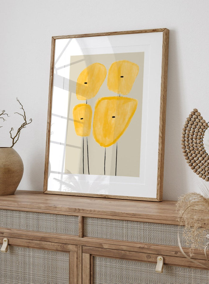 Abstract yellow plant art print by The MIUUS Studio. Minimalist modern wall art poster featuring geometric shapes, soft textures, and contemporary design.
