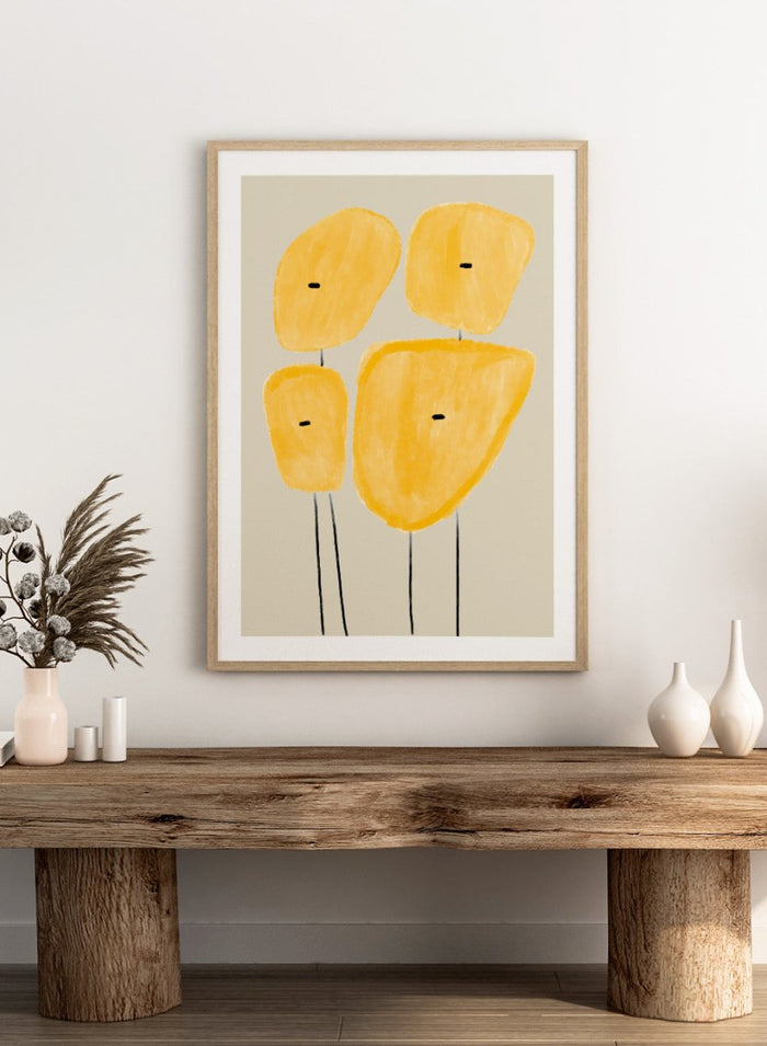 Abstract yellow plant art print by The MIUUS Studio. Minimalist modern wall art poster featuring geometric shapes, soft textures, and contemporary design.