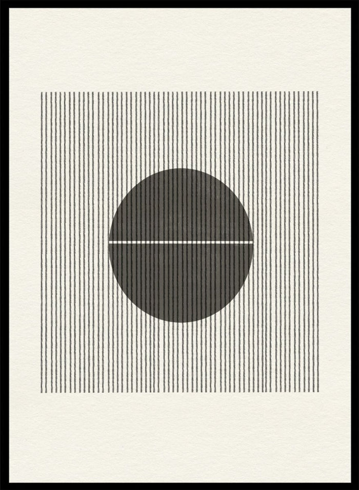 Geometric design with a circle and horizontal line on a striped background. Line and Circle Harmony by The MIUUS Studio is a minimalist abstract art print and wall poster featuring geometric linework, bold contrast, and modern black and white design.