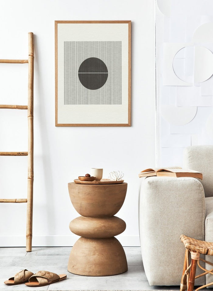 Geometric design with a circle and horizontal line on a striped background. Line and Circle Harmony by The MIUUS Studio is a minimalist abstract art print and wall poster featuring geometric linework, bold contrast, and modern black and white design.