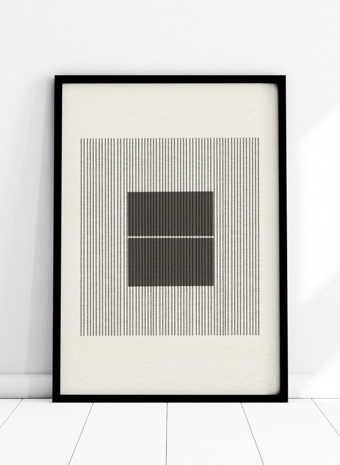 Black and white geometric design with lines and squares on a plain background. Line Harmony by The MIUUS Studio is a fine art print and wall poster featuring abstract linework, geometric balance, and minimalist black and white design.