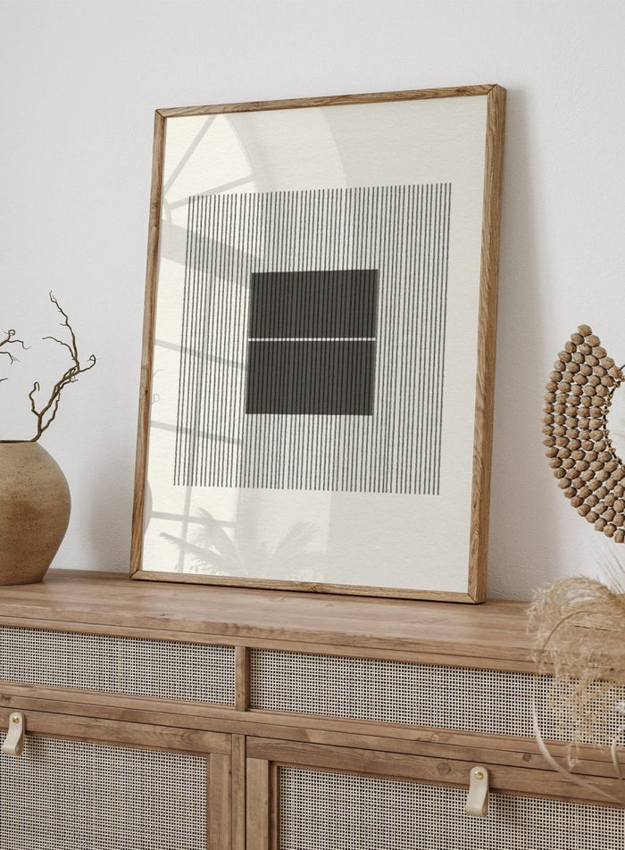 Black and white geometric design with lines and squares on a plain background. Line Harmony by The MIUUS Studio is a fine art print and wall poster featuring abstract linework, geometric balance, and minimalist black and white design.