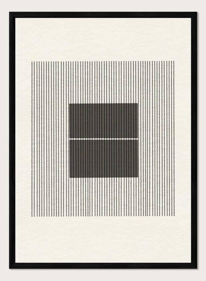 Black and white geometric design with lines and squares on a plain background. Line Harmony by The MIUUS Studio is a fine art print and wall poster featuring abstract linework, geometric balance, and minimalist black and white design.