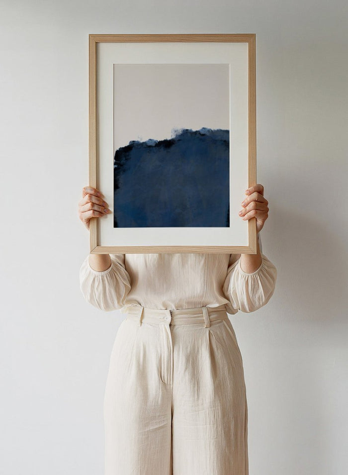 Abstract blue wall art print by The MIUUS Studio. Modern minimalist poster featuring deep navy tones, soft textures, and contemporary abstract design.