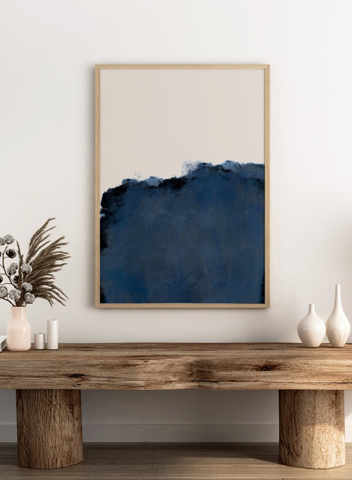 Abstract blue wall art print by The MIUUS Studio. Modern minimalist poster featuring deep navy tones, soft textures, and contemporary abstract design.