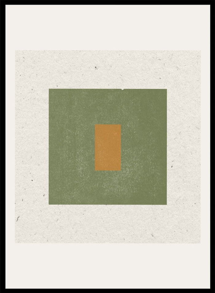 Abstract art with a green square and a smaller brown rectangle on a textured beige background. Minimalist Harmony by The MIUUS Studio is a minimalist abstract art print and wall poster featuring geometric shapes, neutral tones, and modern textured design.