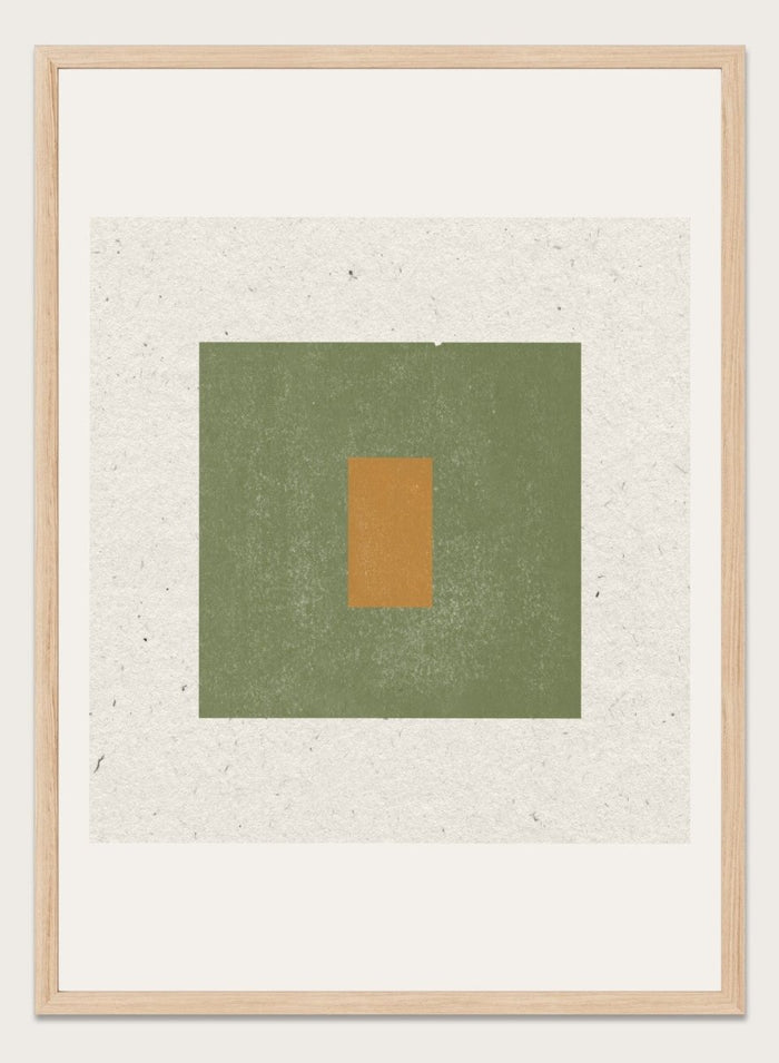 Abstract art with a green square and a smaller brown rectangle on a textured beige background. Minimalist Harmony by The MIUUS Studio is a minimalist abstract art print and wall poster featuring geometric shapes, neutral tones, and modern textured design.