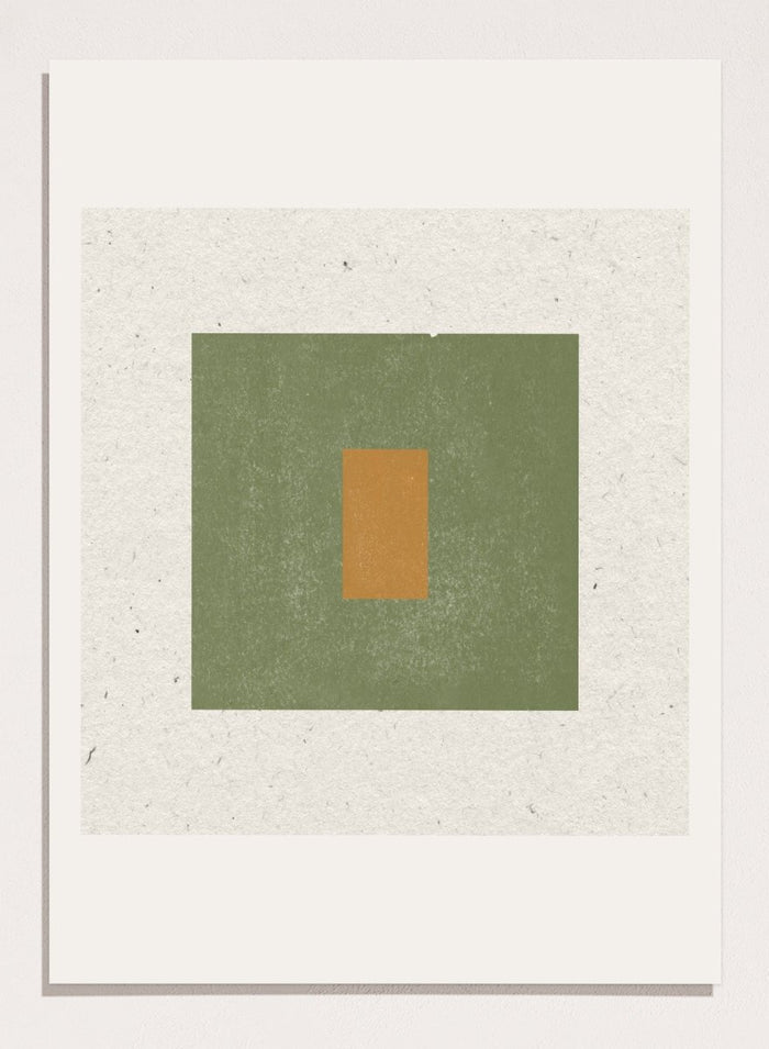 Abstract art with a green square and a smaller brown rectangle on a textured beige background. Minimalist Harmony by The MIUUS Studio is a minimalist abstract art print and wall poster featuring geometric shapes, neutral tones, and modern textured design.