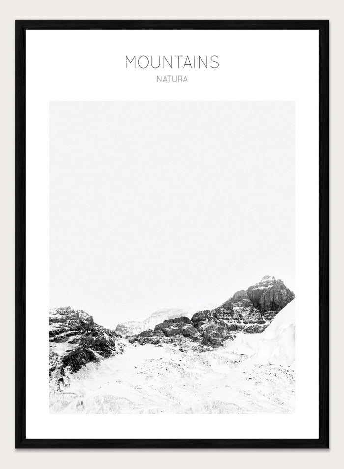 Black and white mountain landscape with 'Mountains Natura' text. Serene Peaks by The MIUUS Studio is a black and white mountain photography art print and wall poster featuring snowy peaks, minimalist composition, and modern neutral design.