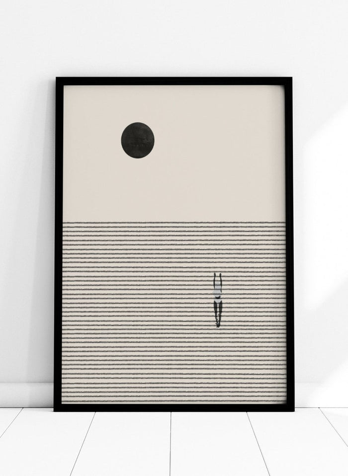 Minimalist abstract wall art print by The MIUUS Studio. Contemporary poster with line texture, celestial motif, and calm neutral tones.