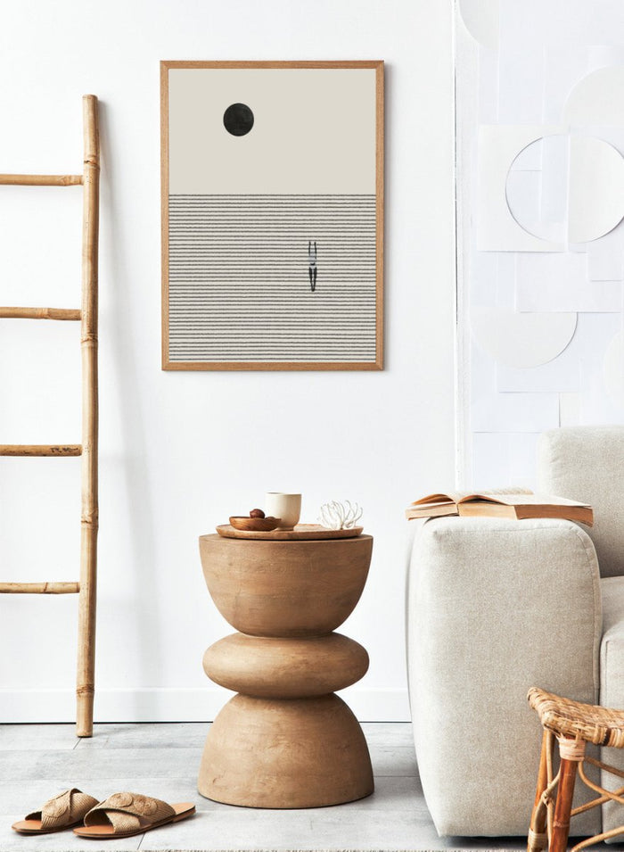 Minimalist abstract wall art print by The MIUUS Studio. Contemporary poster with line texture, celestial motif, and calm neutral tones.