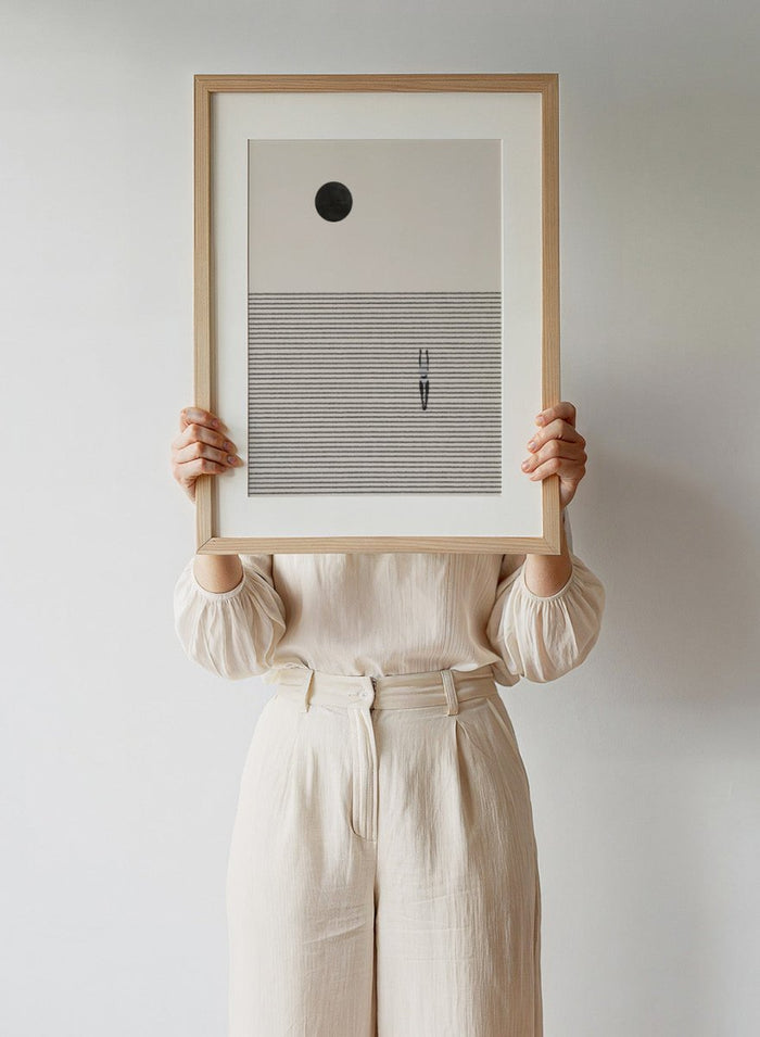Minimalist abstract wall art print by The MIUUS Studio. Contemporary poster with line texture, celestial motif, and calm neutral tones.